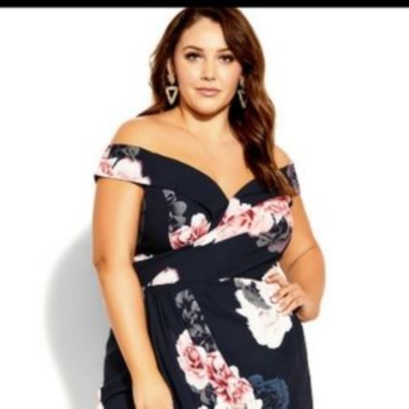 18 Plus size City Chic Floral Tulip Hem Off the Shoulder Dress Black/Pink.  Size - Picture 3 of 8